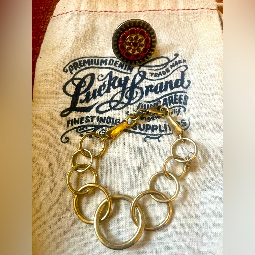 Lucky gold toned link bracelet & medallion ring size 7